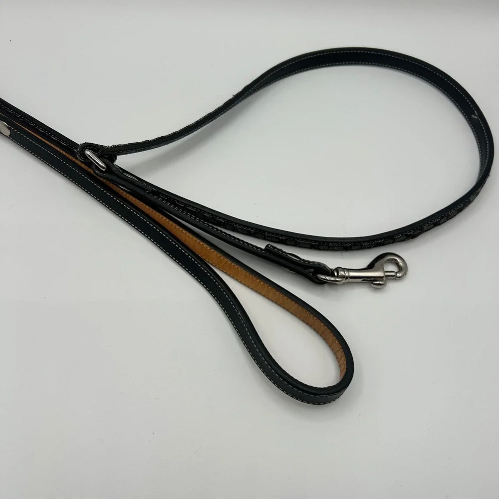Coach 4005 Small Dog Leash Black Gray Signature C Monogram Leather Trim Canvas